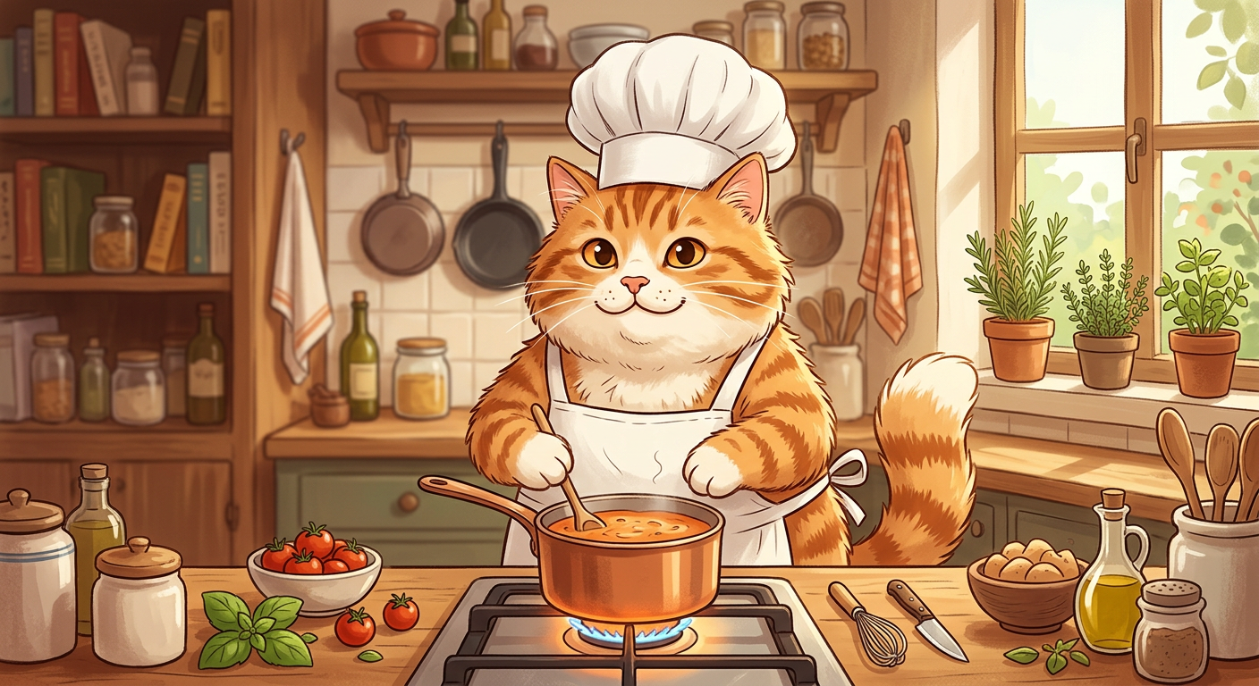 Sample: the cat as a chef in a kitchen