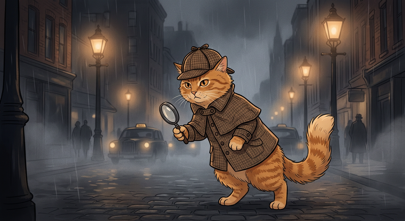 Sample: the cat as a detective on a foggy street