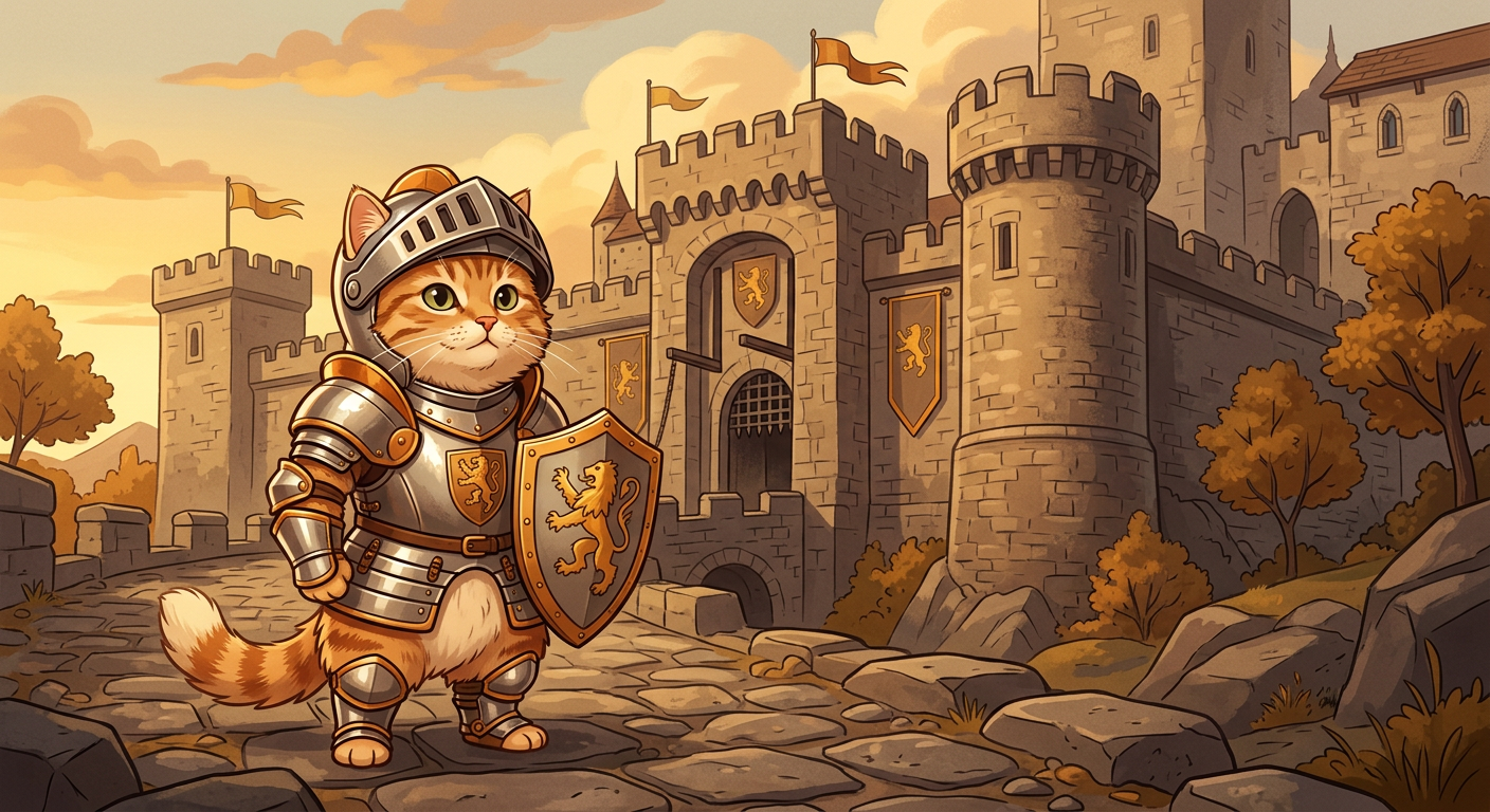 Sample: the cat as a medieval knight before a castle