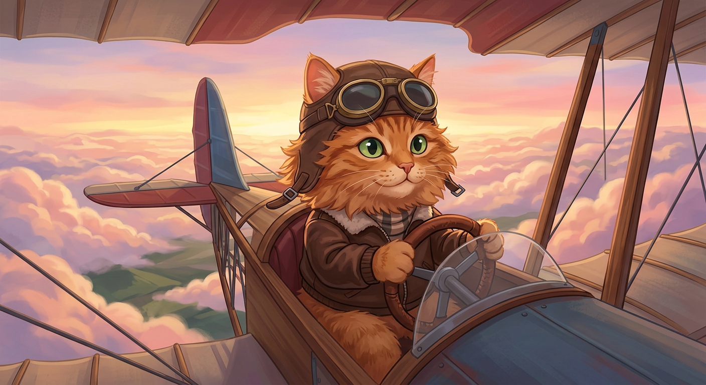 Sample: the cat as a pilot in a biplane above the clouds