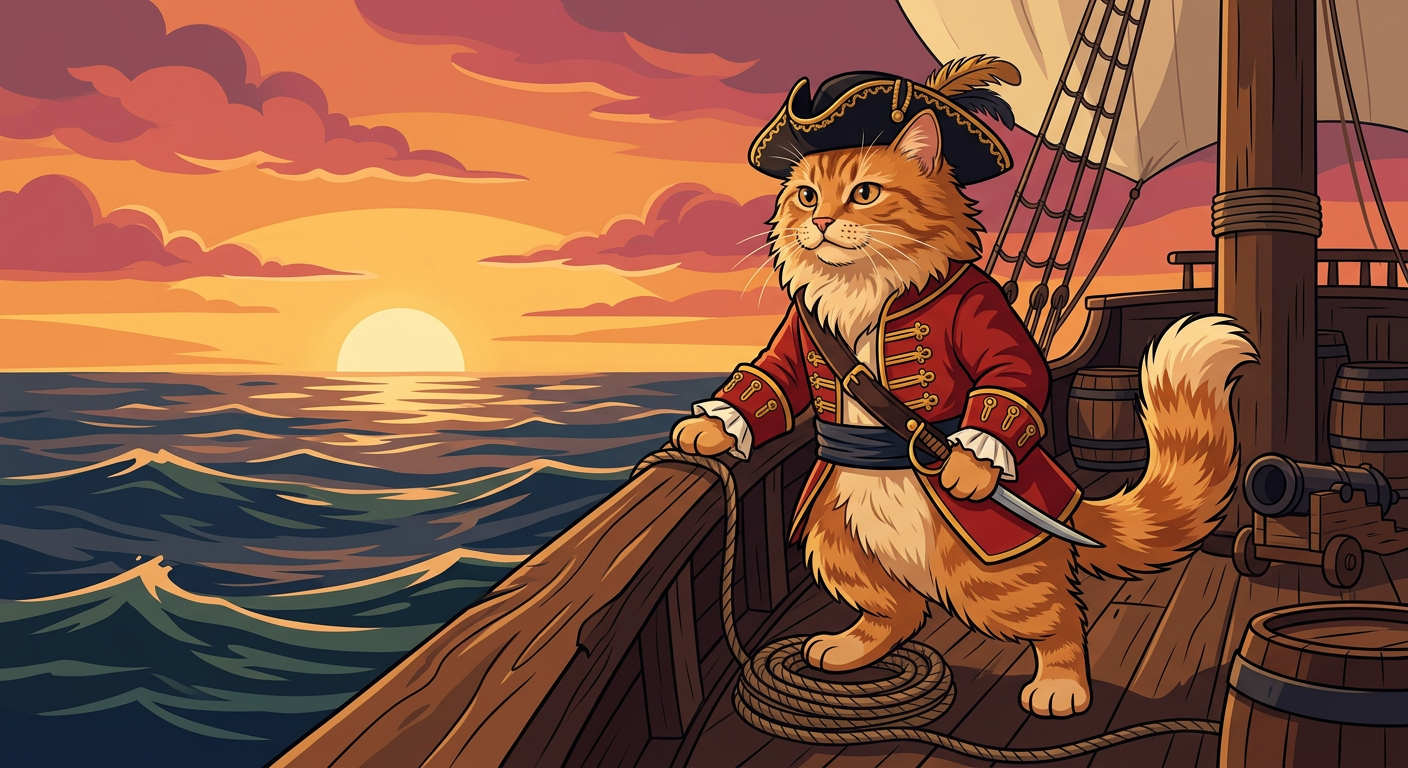 Sample: the cat as a pirate captain on a ship at sunset