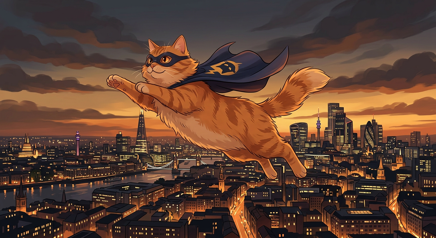 Sample: the cat as a superhero flying above a city
