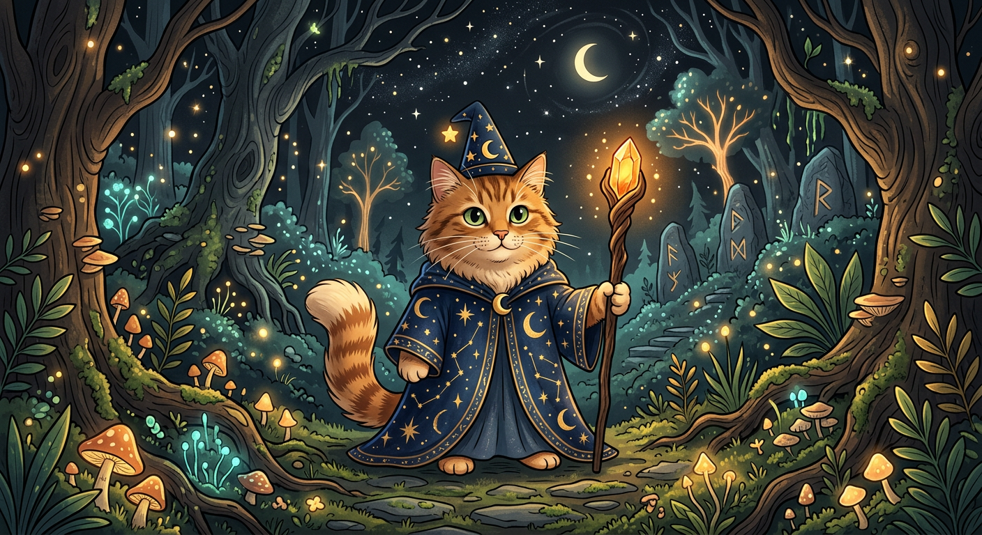 Sample: the cat as a wizard in an enchanted forest